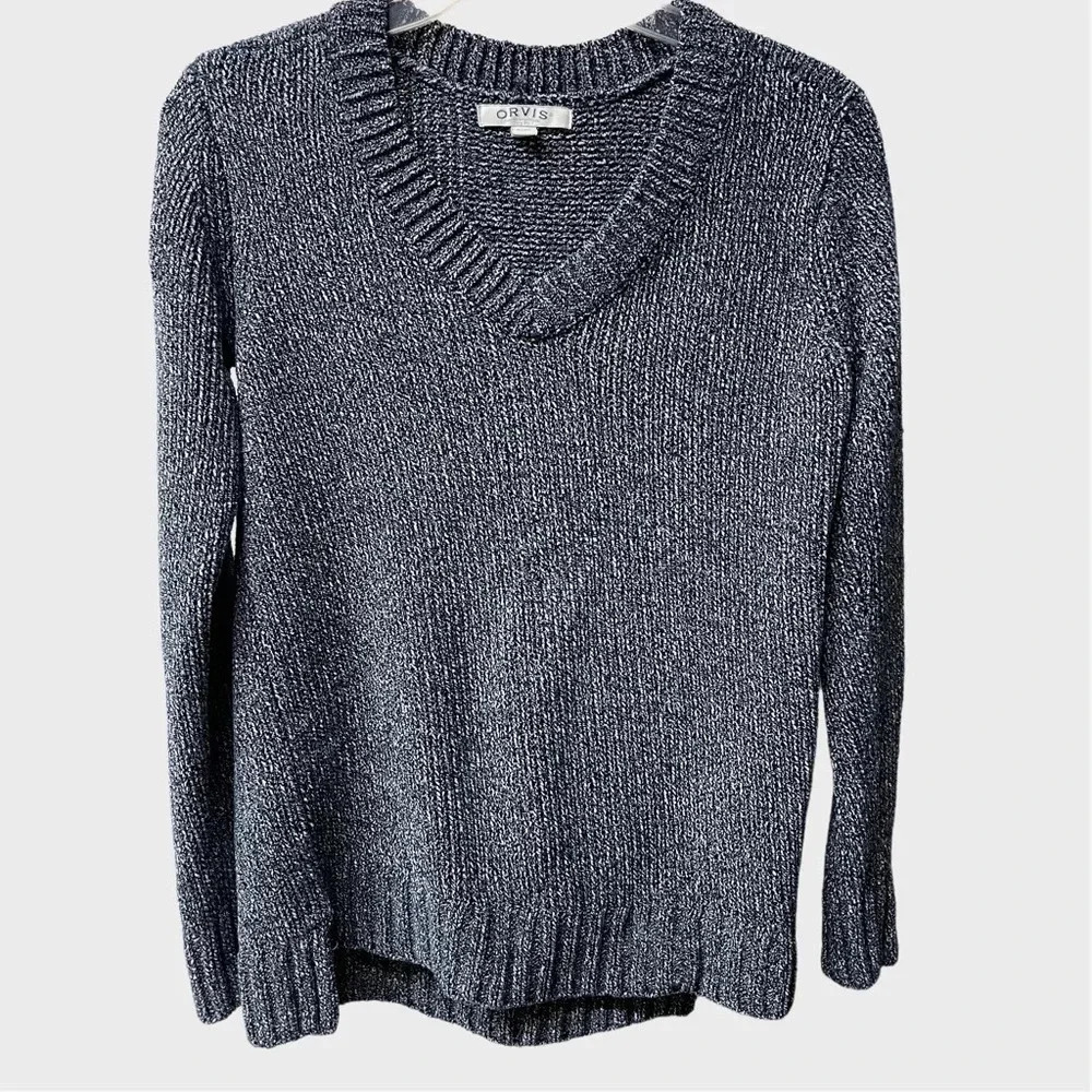 Ladies Orvis V-Neck Chenille sweater. Navy. Small.